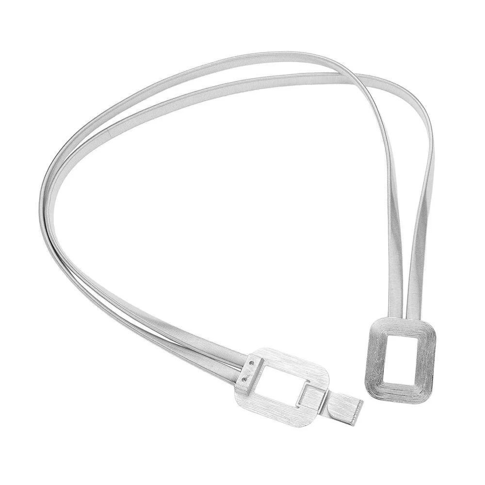 Brushed Metal Rectangle Buckle Accented Stretch Statement Belt